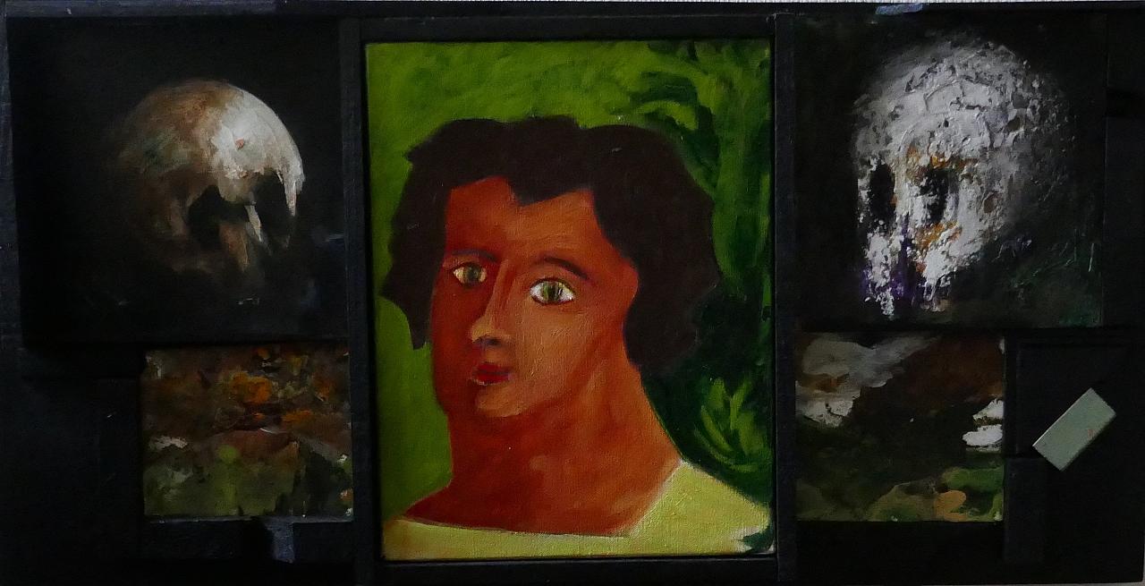 Assemblage sur panneux de bois de peintures acrylique et huile sur bois, toile, papier. 40x80 cm. 2022, 3